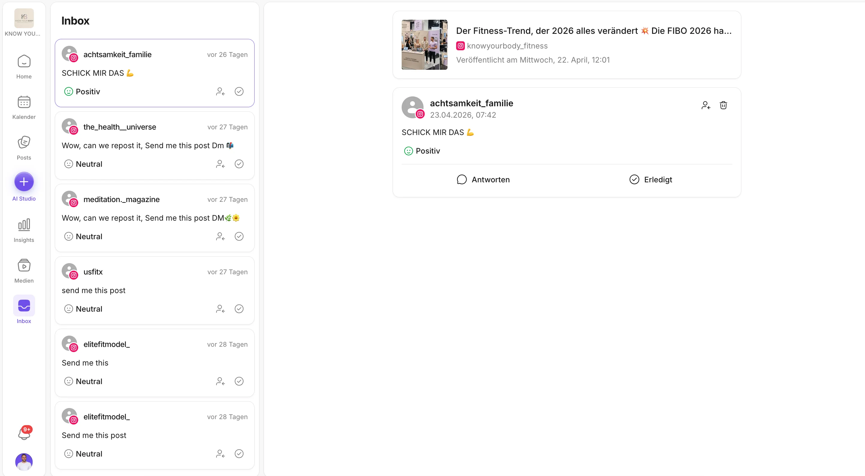Inbox – comments, messages and reactions from all channels