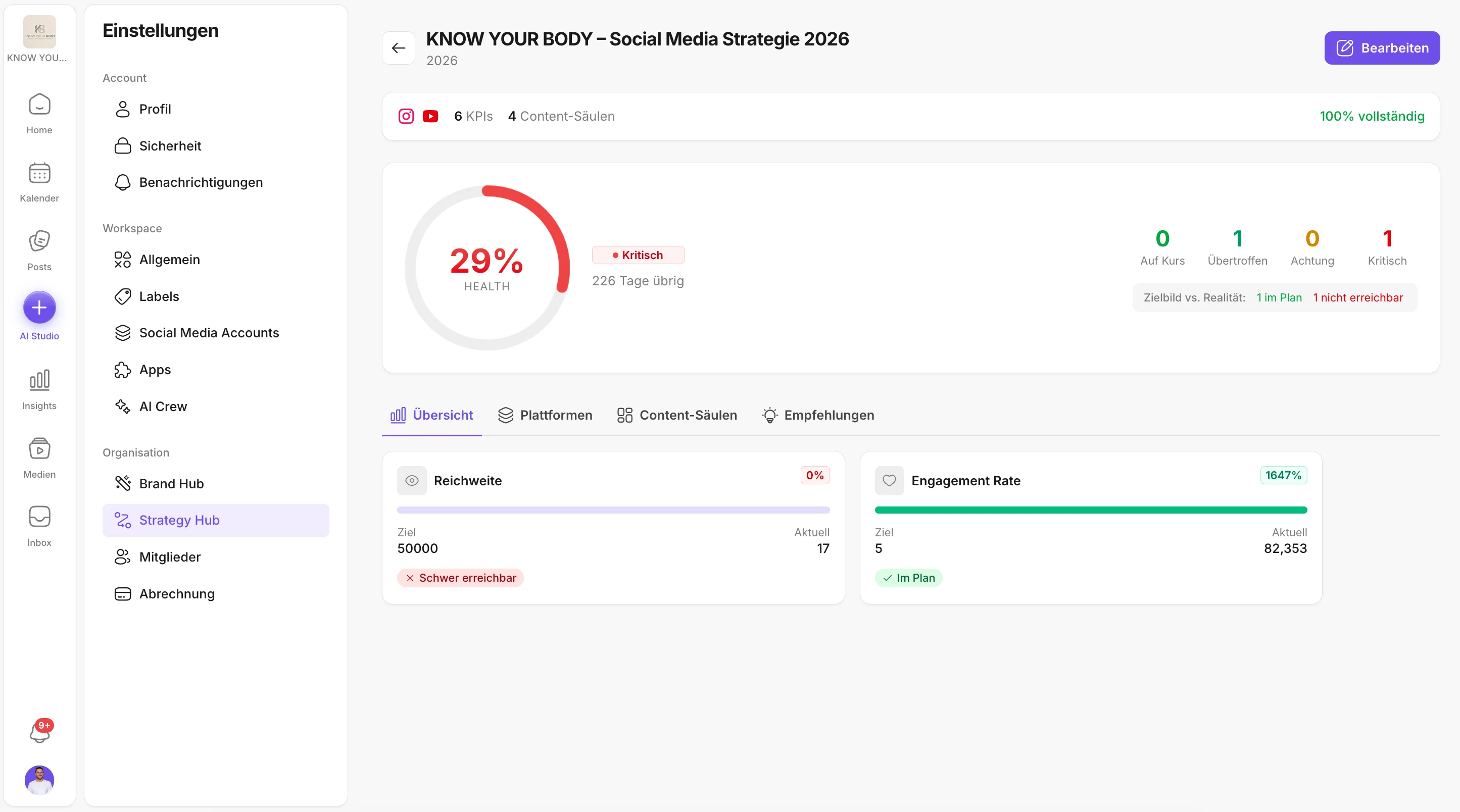 Strategy Hub – social media strategy with KPIs, platforms and content pillars